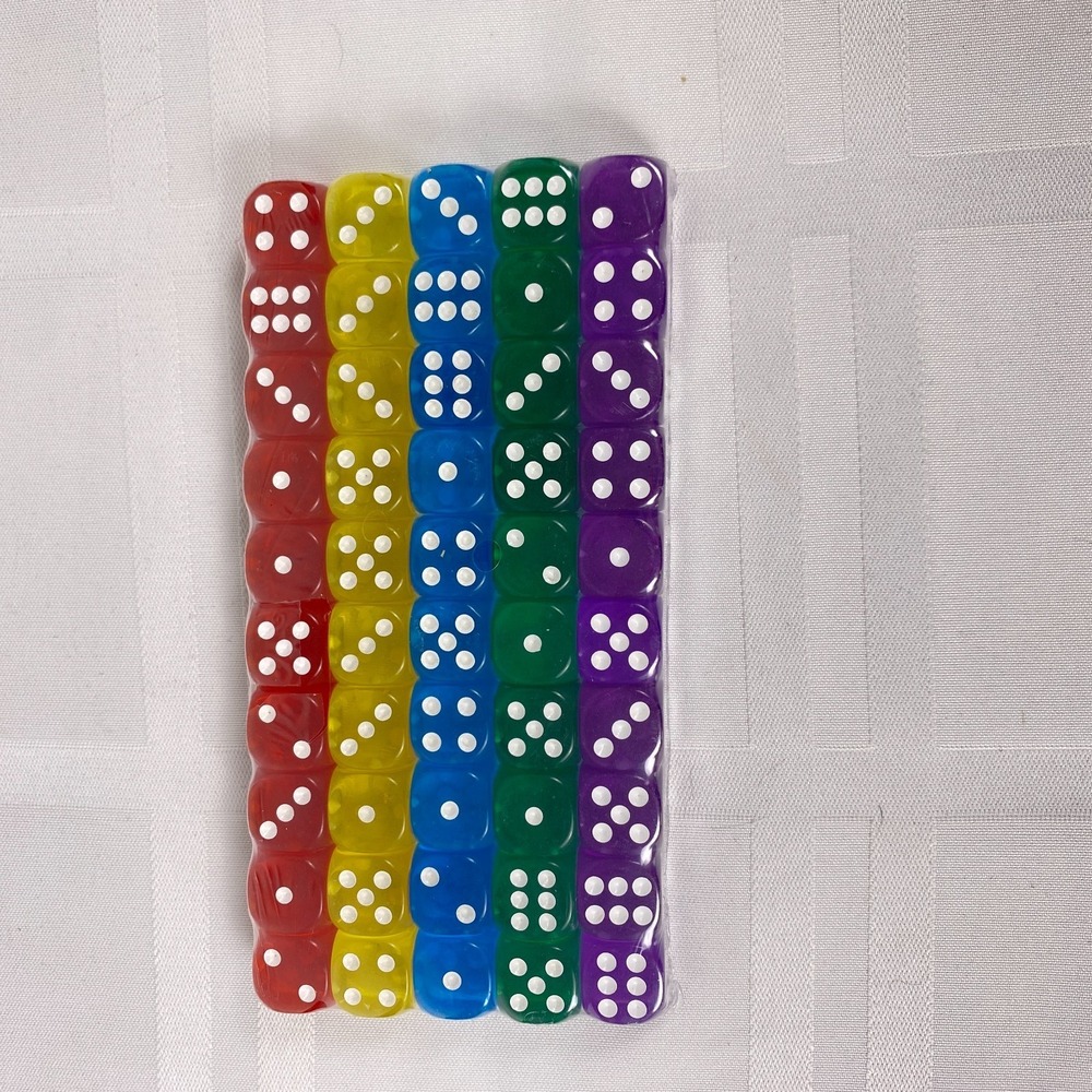 Set of multi-colored six-sided dice, featuring a vibrant rainbow